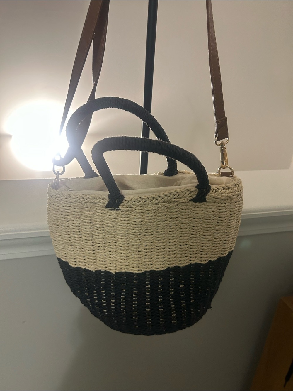 Marabelle Woven Two-Tone Black & Cream Straw bucket Tote Bag
